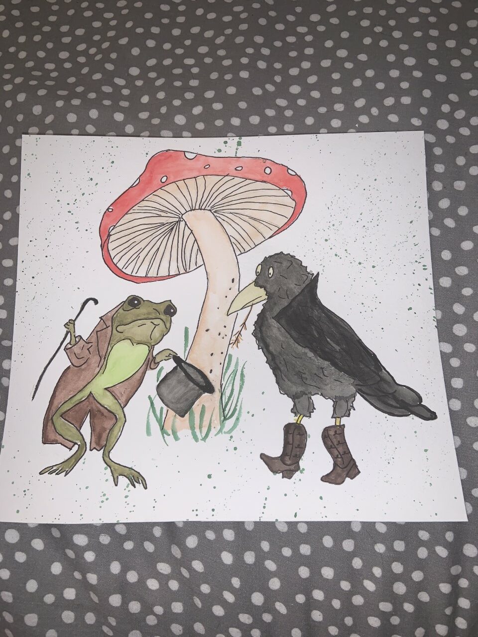 Forest creature painting of a frog and a crow dressed in sophisticated outfits