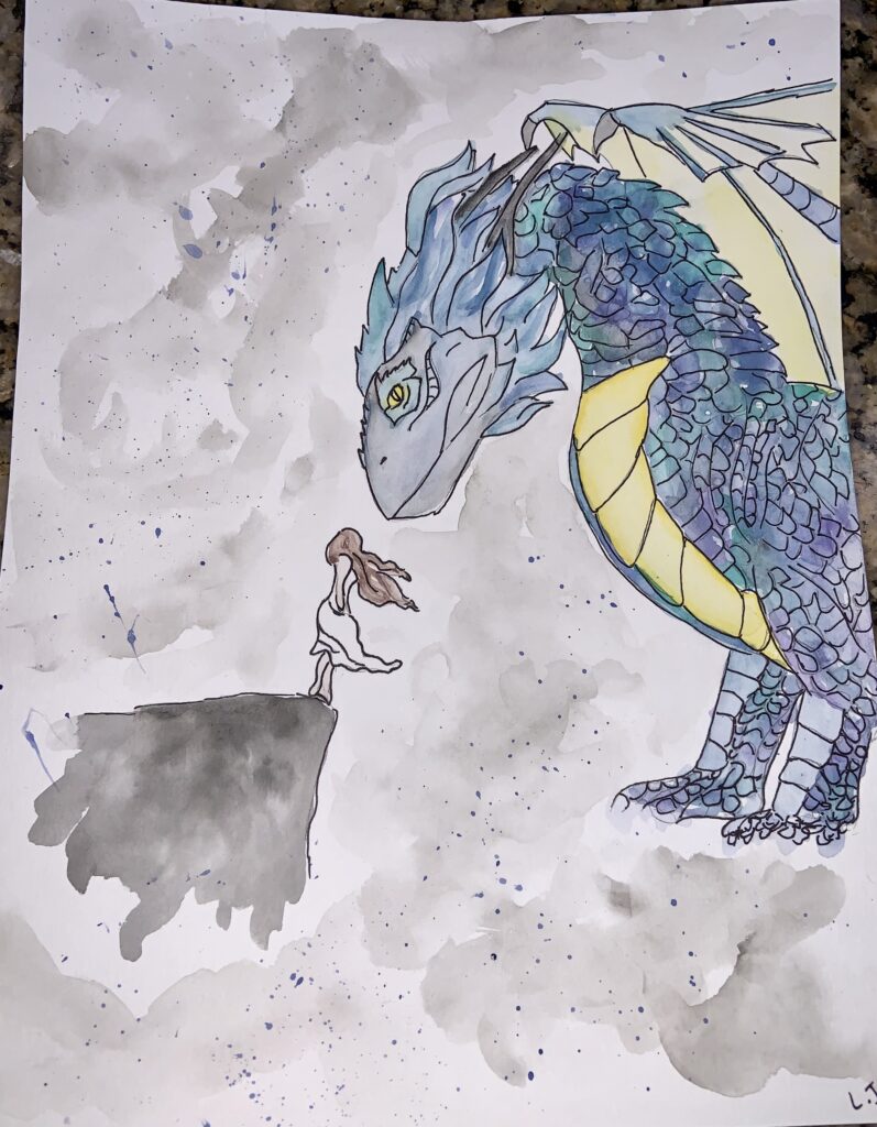 Watercolour painting of a blue/green dragon facing a woman on the edge of a tall cliff