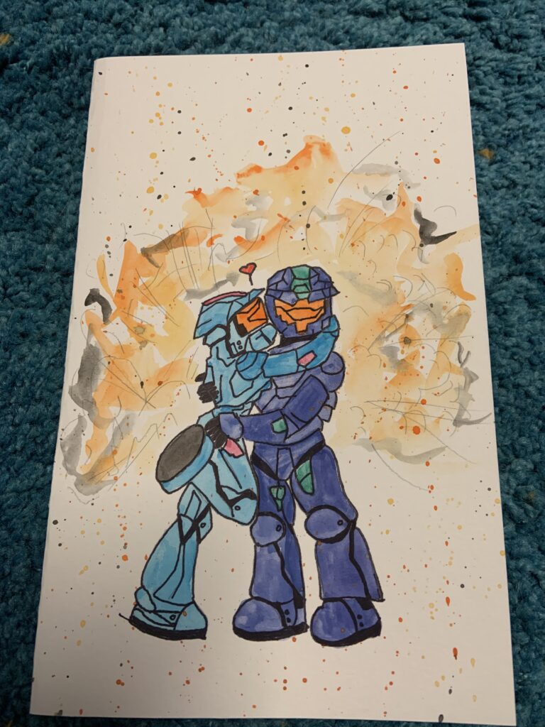 Watercolour painting of two Halo characters with an explosion in the background