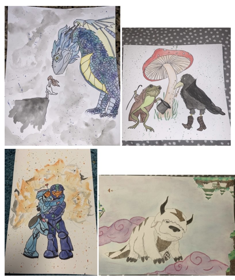 Four watercolour paintings: dragon themed, frog themed, Halo themed, Appa themed
